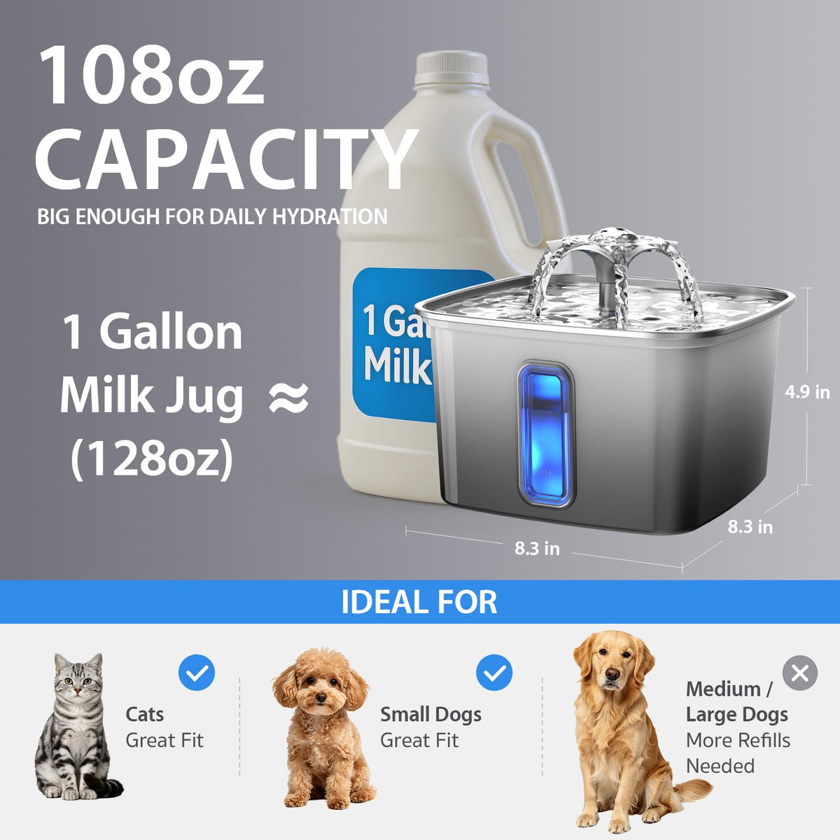 Veken 108oz Stainless Steel Cat Water Fountain – Ultra-Quiet