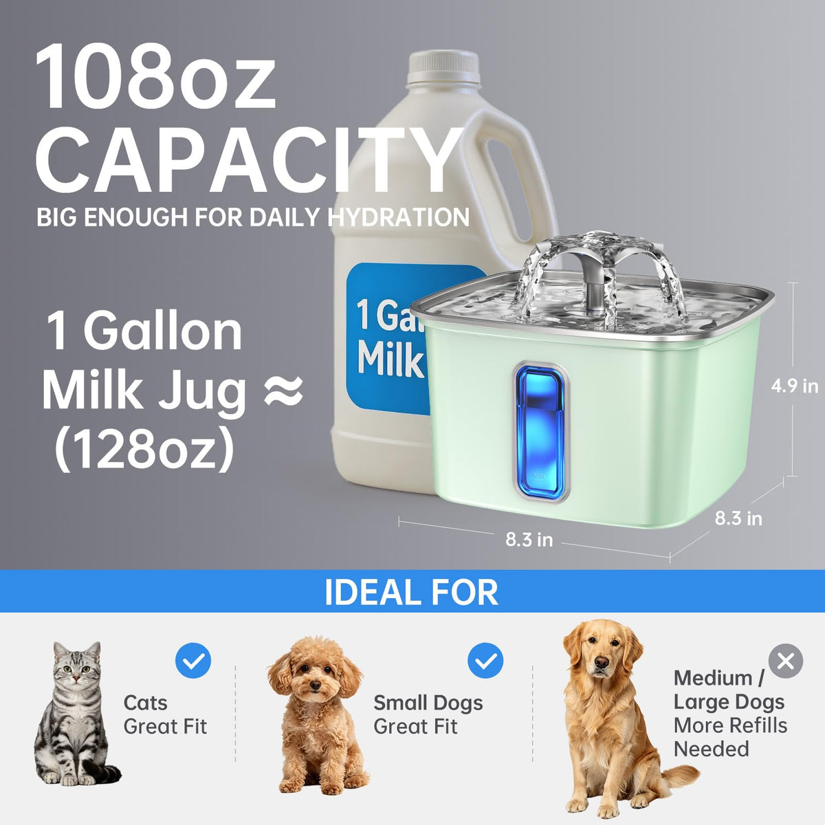 Veken 108oz Stainless Steel Cat Water Fountain – Ultra-Quiet