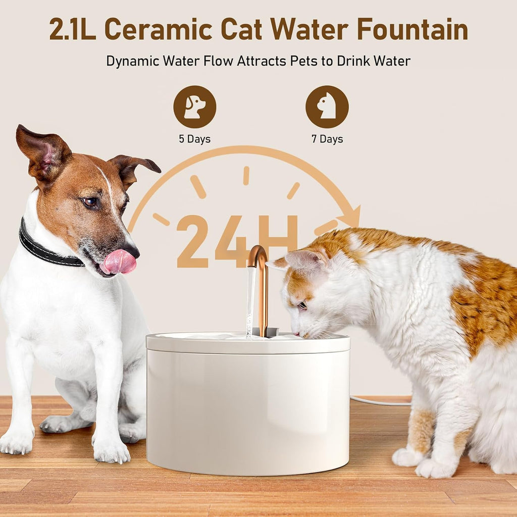 DOOOB 71oz Ceramic Cat Fountain with Copper Faucet Spout