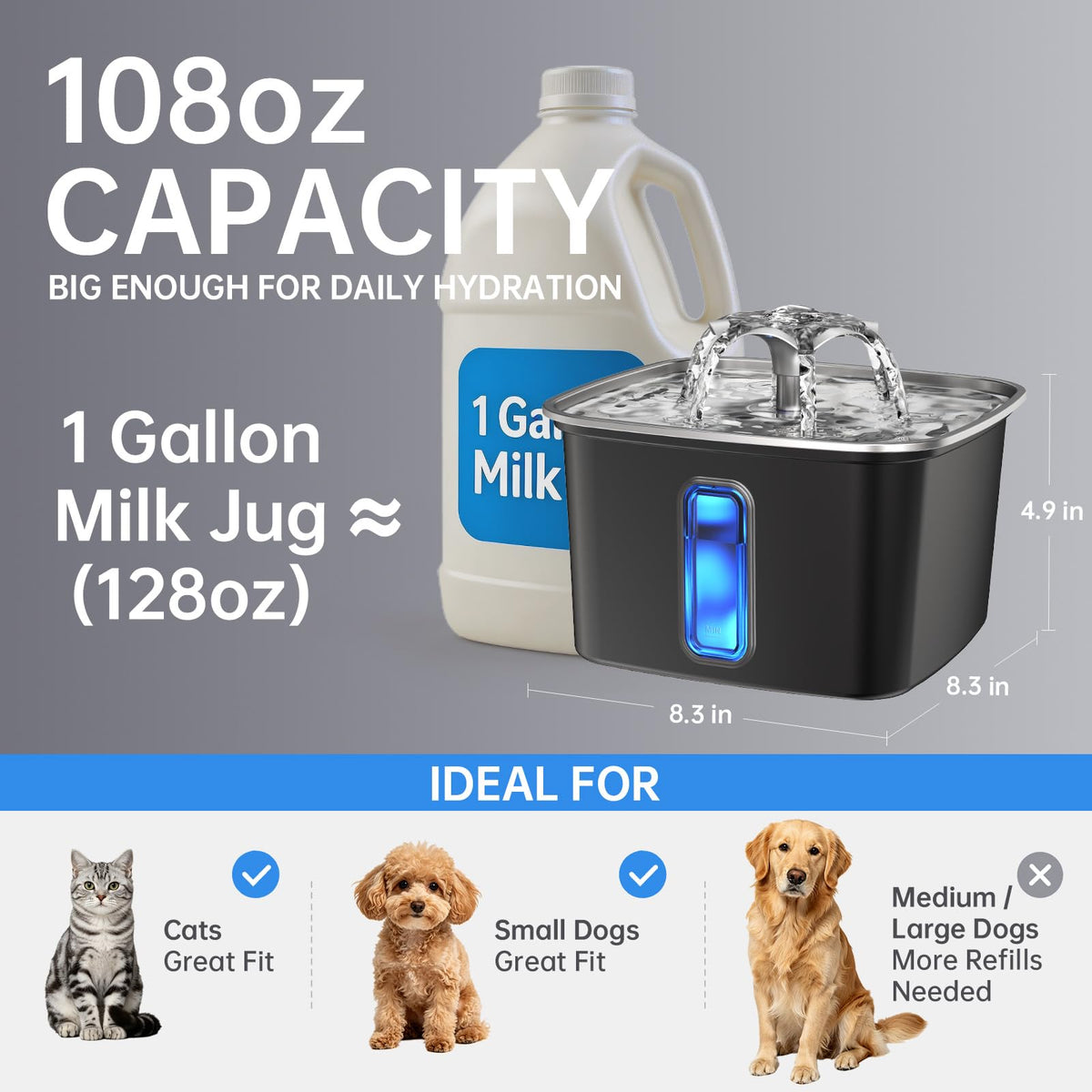 Veken 108oz Stainless Steel Cat Water Fountain – Ultra-Quiet