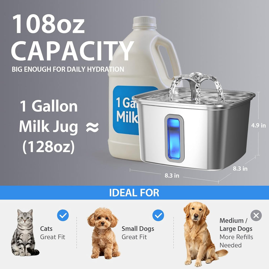 Veken 108oz Stainless Steel Cat Water Fountain – Ultra-Quiet