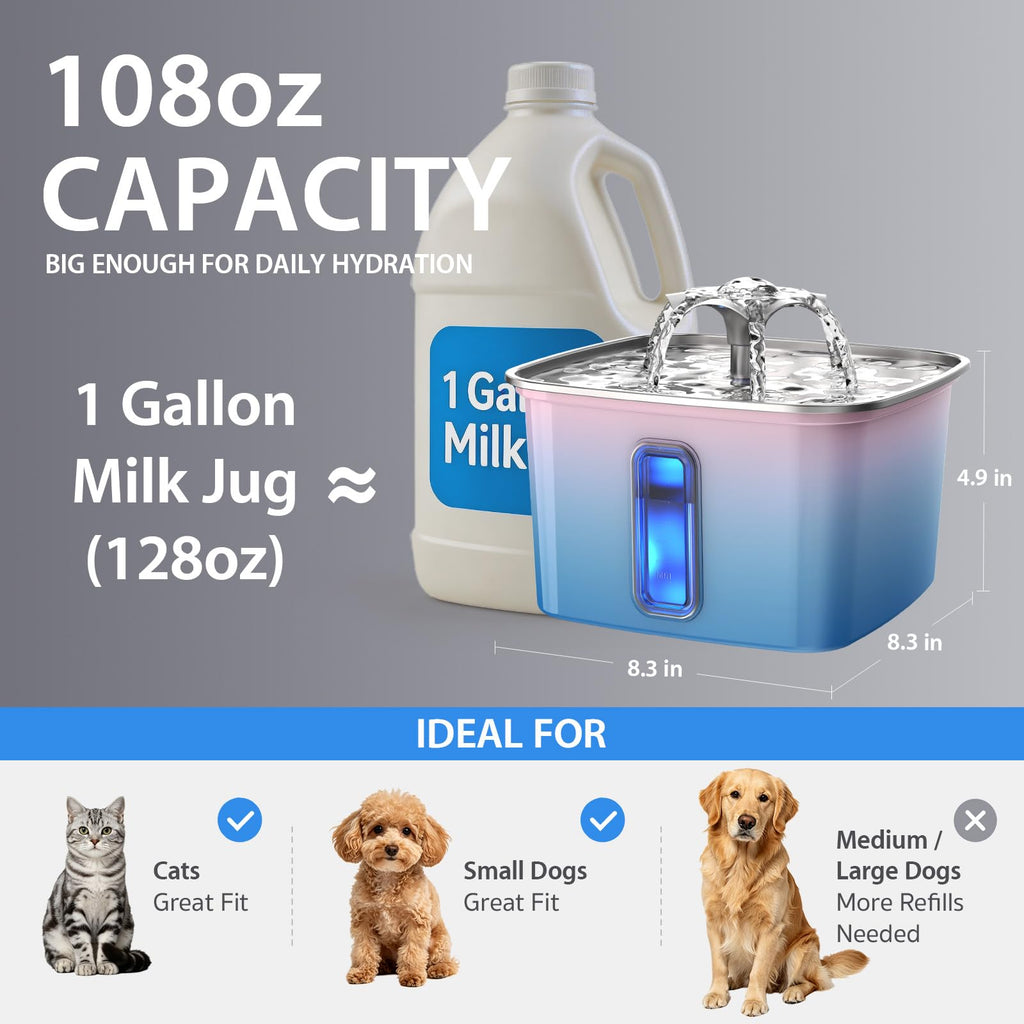 Veken 108oz Stainless Steel Cat Water Fountain – Ultra-Quiet