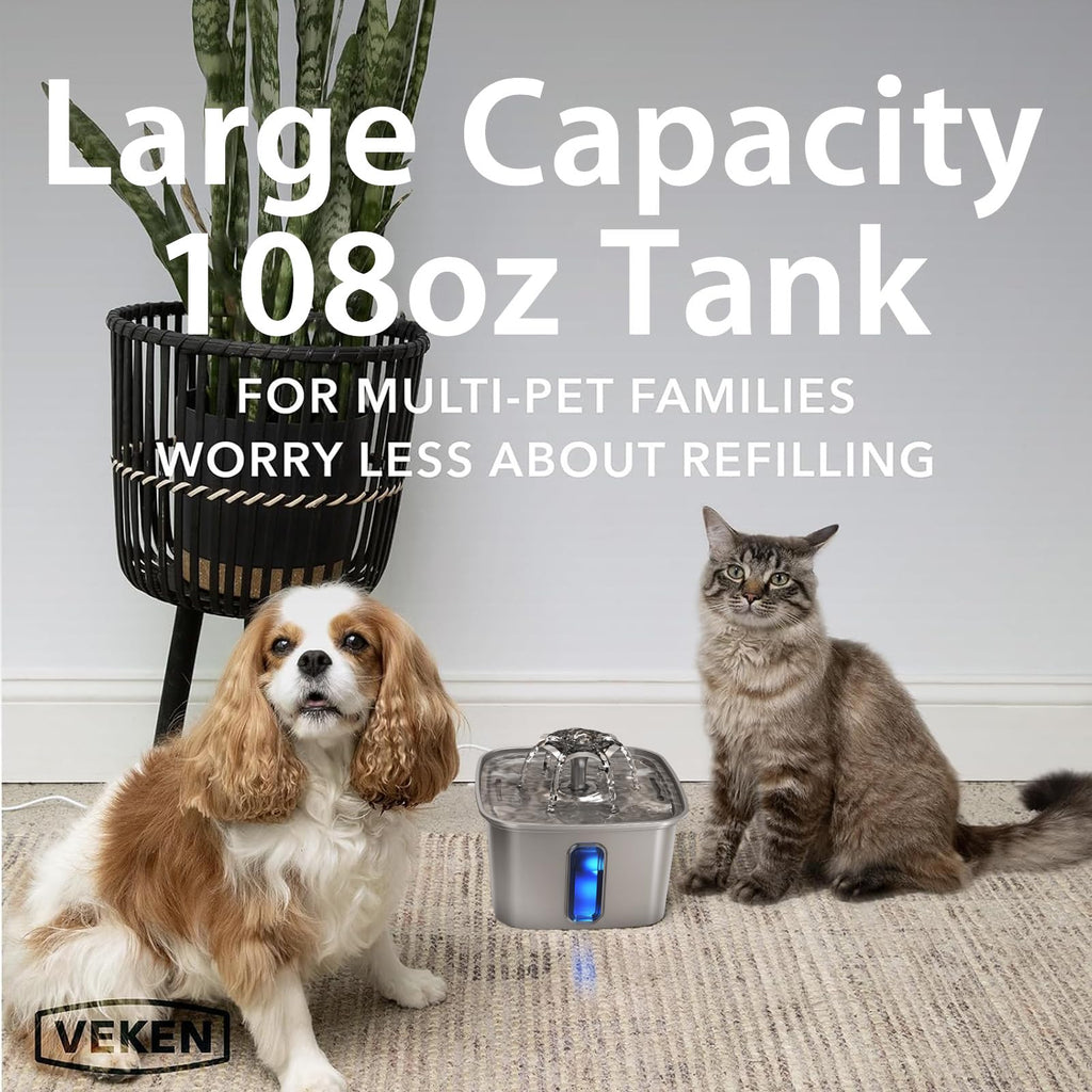 Veken 108oz Stainless Steel Cat Water Fountain – Ultra-Quiet