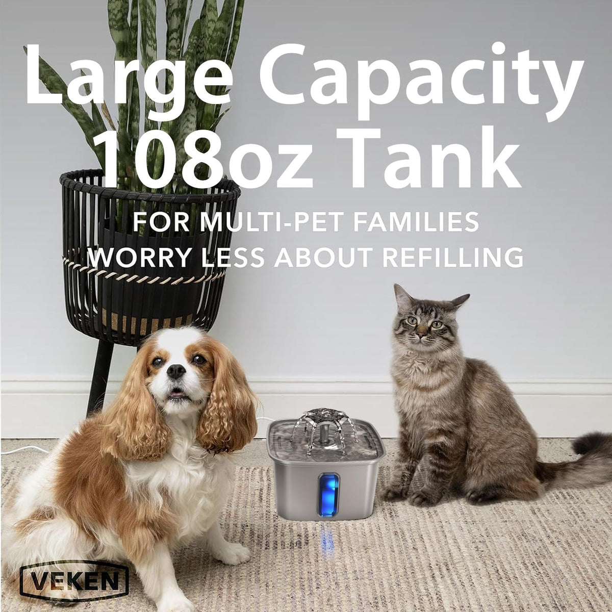 Veken 108oz Stainless Steel Cat Water Fountain – Ultra-Quiet